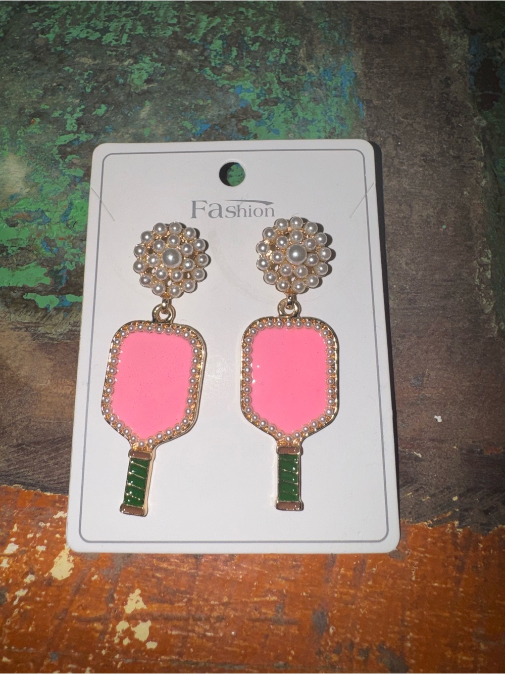 Pink and Green Drop Pickleball Pearl Earrings - Pearl Cluster Design